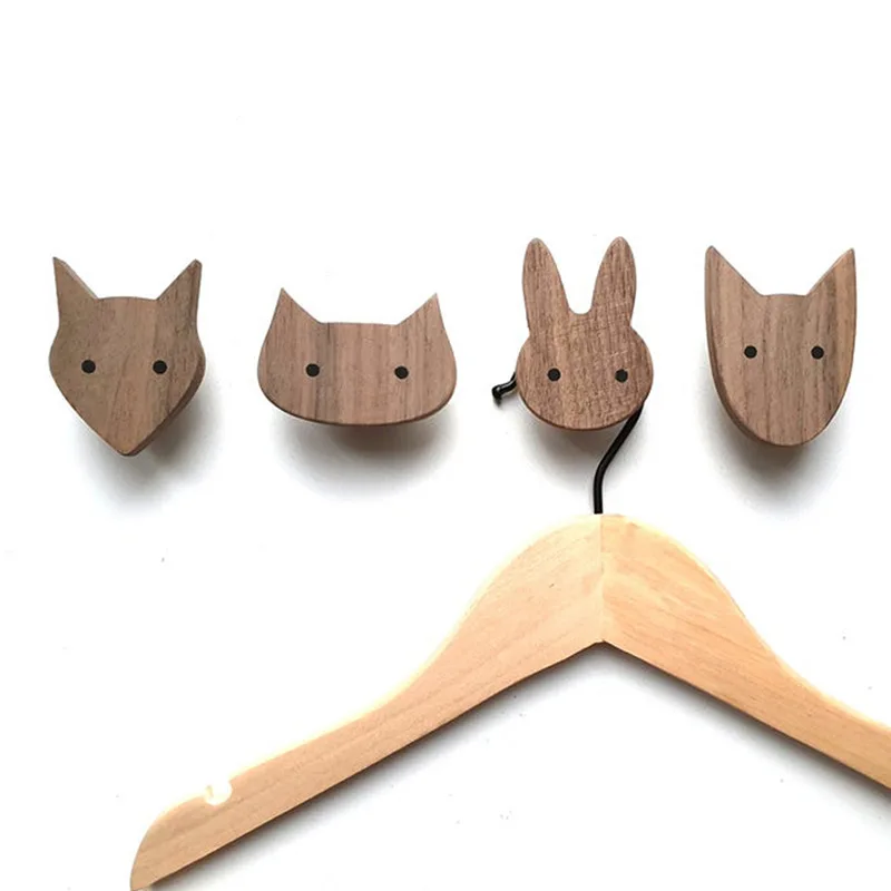 Walnut Oak Solid Wood Coat Hooks Cute Animal Children Room Decoration Wall Hook Key Holder Nordic Hanger Cat Dog Lion 4pcs/pack