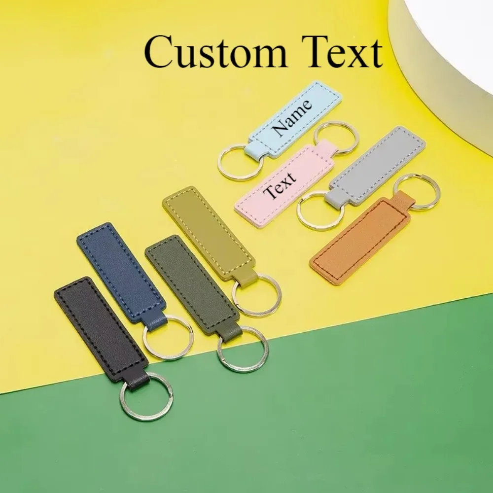 Custom Logo Name PU Leather Keychain Double-sided Wire Bag Car Moto Metal Keyring Pendant Simple Pendant for Men and Women Gift