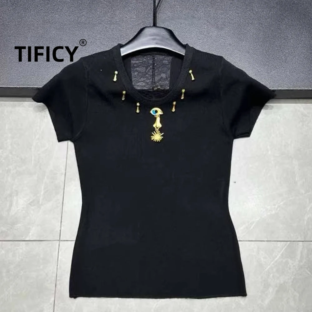 

High Street Tees Round Neck Lace Short Sleeved T-shirt Women's Summer New Style Slimming and Spicy Girl Thin Tshirts Top