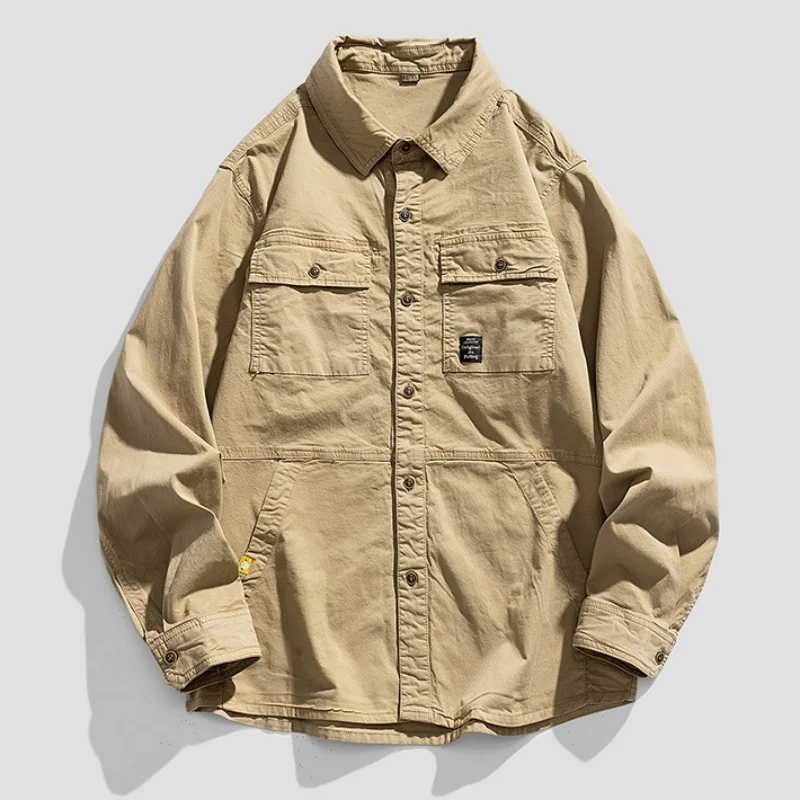 Men's 100% Cotton Work Shirt – Khaki Utility Long Sleeve, Oversized Fit w/ Chest Pockets, Casual Streetwear for Daily Wear