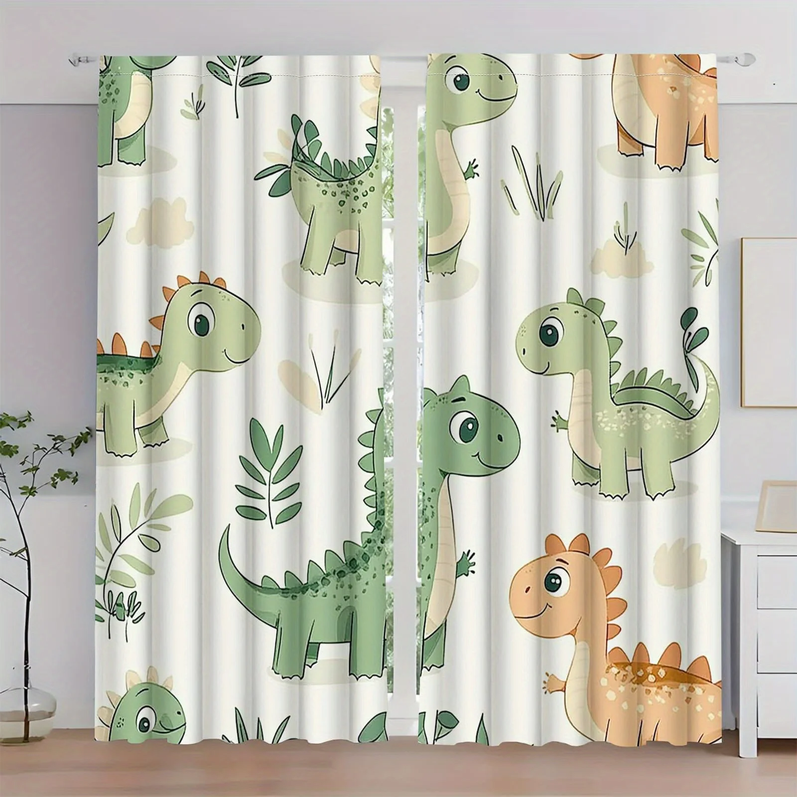 

Набор из 2 штор с милыми мультяшными динозаврами, изображающими улыбающихся динозавров и зеленые листья, для декора детской комнаты, в веселом стиле.