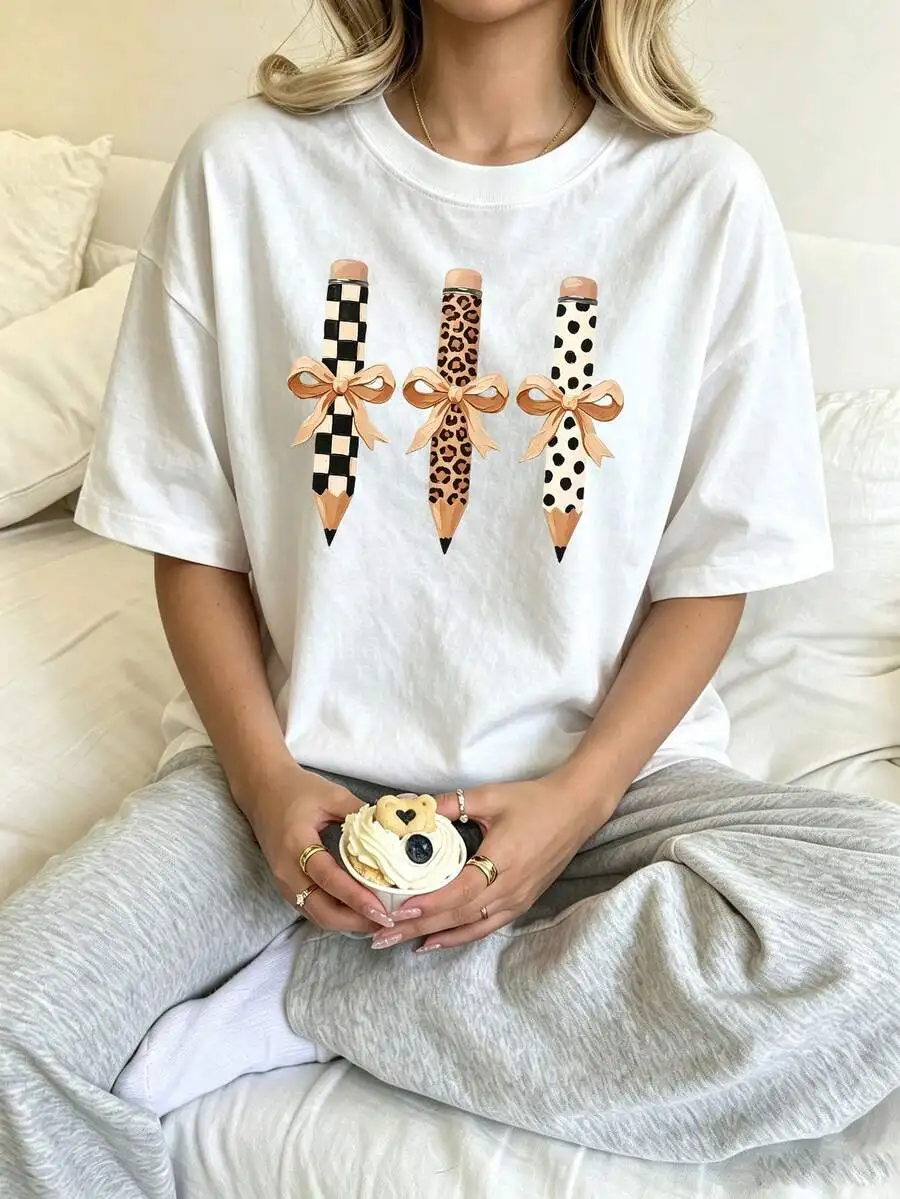 Retro Bow Pencil Graphic Print Short Sleeve T-Shirt Casual Summer Vacation Crew Neck Women Fall Tops