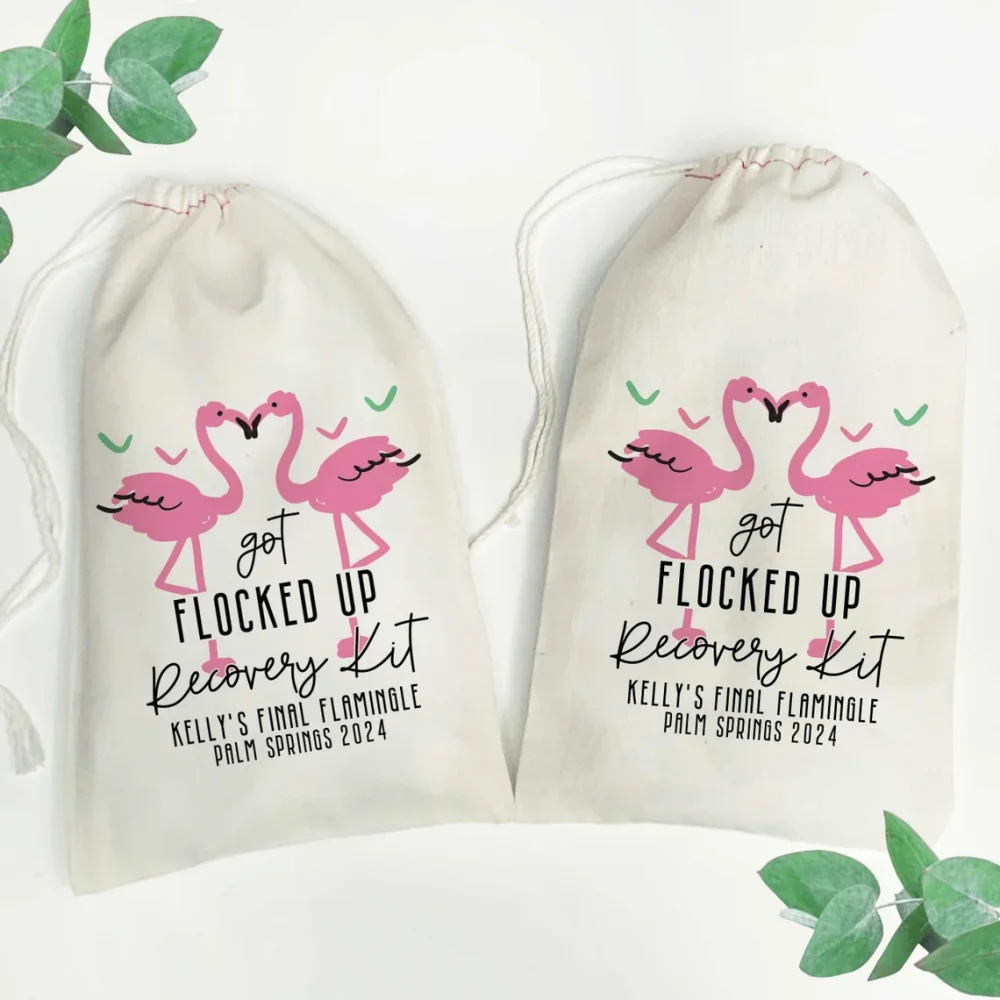 25 psc Personalized Flamingo Recovery Kit, Flocked Up Bachelorette or Birthday Party Favor Bag, Custom Hangover Kit Gift Bag