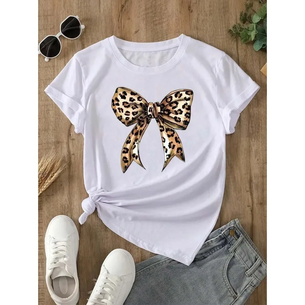 Sommer Neu 90er-Jahre Leopardenmuster Schleife Kurzarm Print Kleidung Damen T-Shirt Harajuku Grafik Kleidung Damen Casual Top Tee – Detail 5
