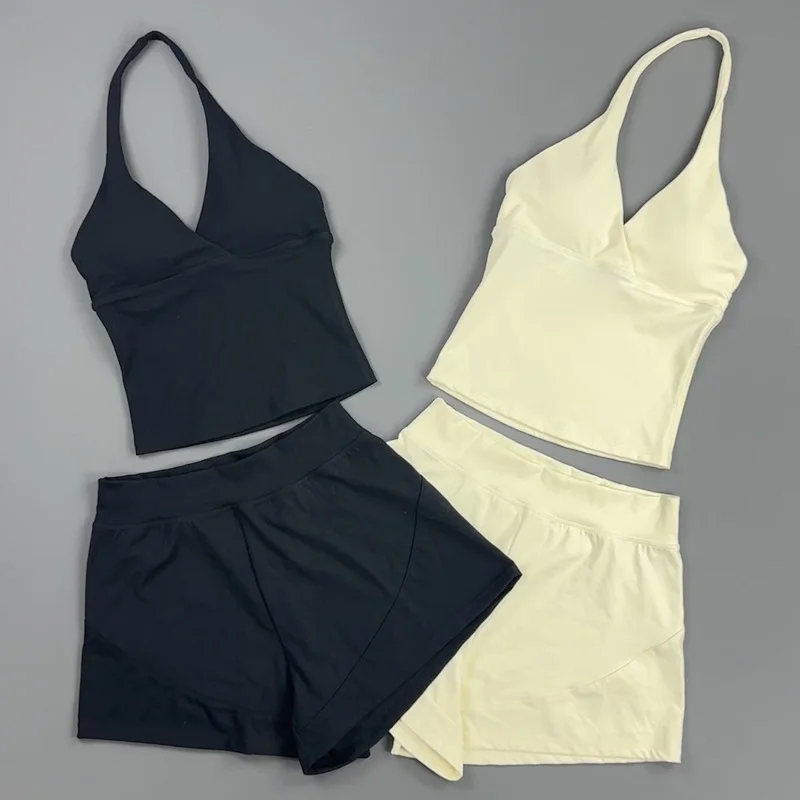 2 Piece Yoga Set Women Halter Deep V Neck Wrap Top Quick‑Dry Athletic Shorts Stretchy Gentle on Skin Suit Gym Workout Sportswear