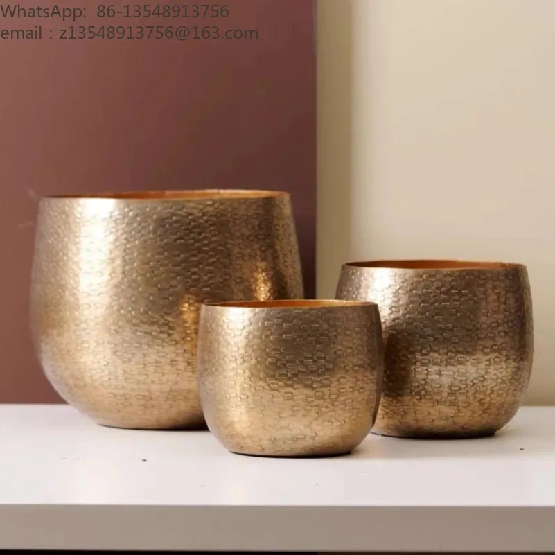 Modern Gold Hammered Metal Flower Pot Round Luxury Desktop Vase Home Living Room Decor Floral Arrangement Craft Planter