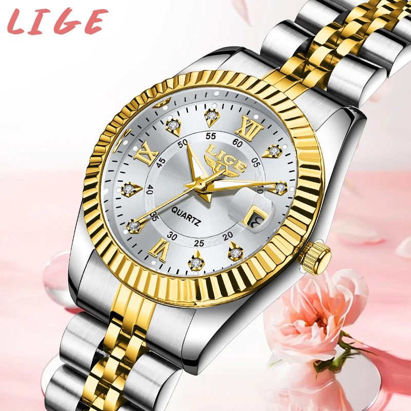 ساعة نسائية أنيقة من LIGE بمينا صغير فاخر بسوار من الفولاذ المقاوم للصدأ مقاومة للماء وتاريخ تلقائي ساعات كوارتز ماسية للسيدات Reloj Mujer