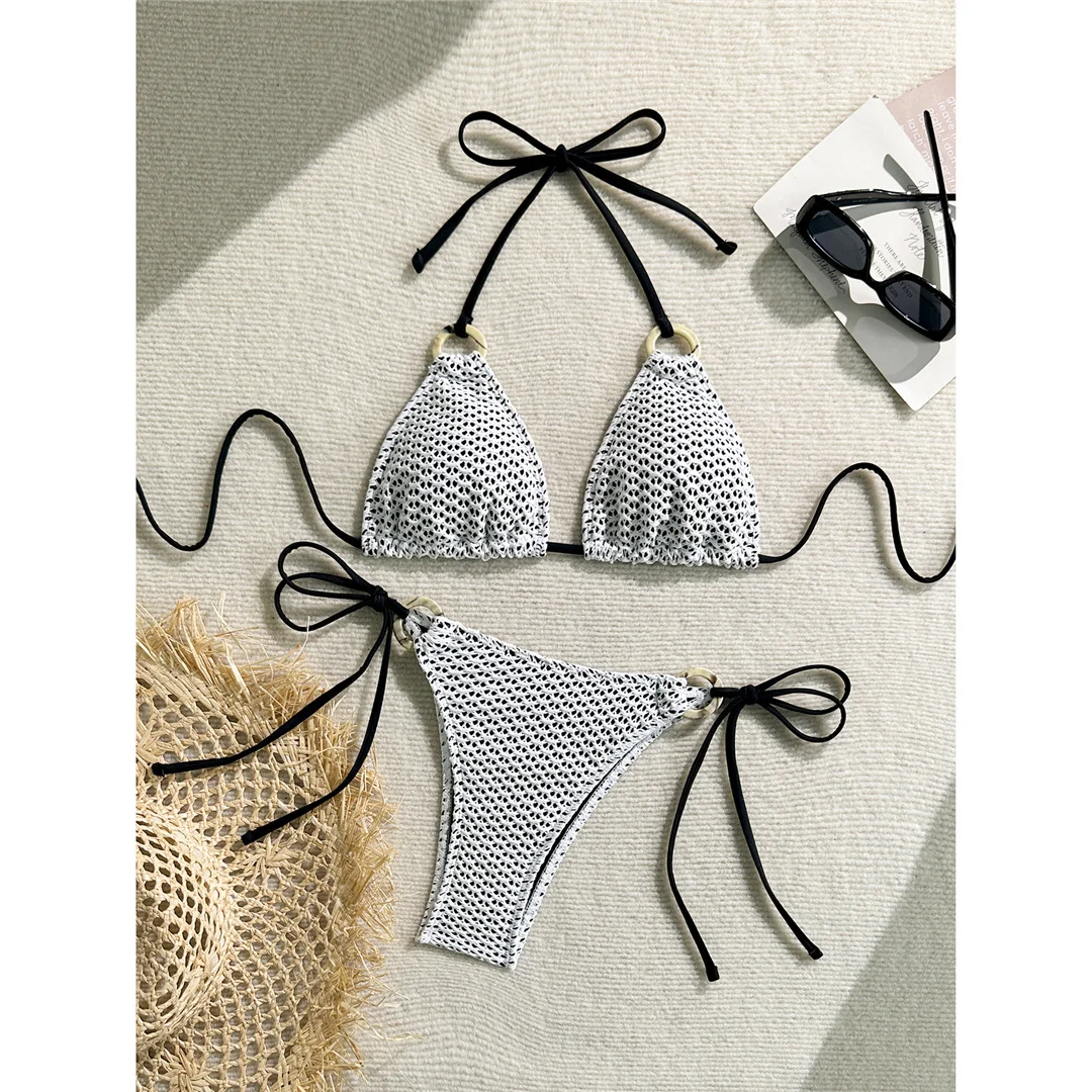 Gefalteter Neckholder-Bikini, zweiteiliges Bikini-Set, Damen-Badeanzug, Badebekleidung für Frauen, mit Trägern, hoch geschnitten, Badeanzug, Badebekleidung, V7043 – Detail 9