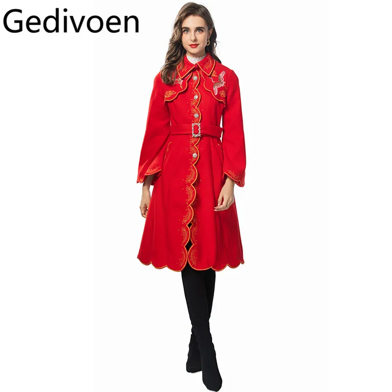 

Gedivoen Autumn/Winter Vintage Designer Coat Women Turn-Down Collar Single-breasted Lace-Up Tunic Embroidery Long Overcoat