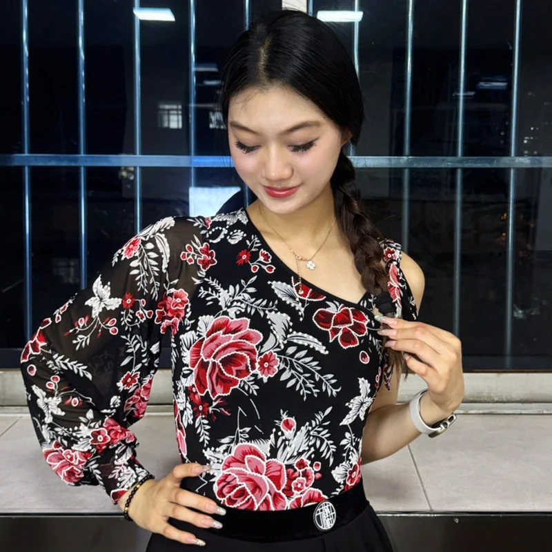 Nuove donne una manica danza latina top nero danza moderna top adulti sala da ballo concorso di ballo vestito pratica usura SL14126