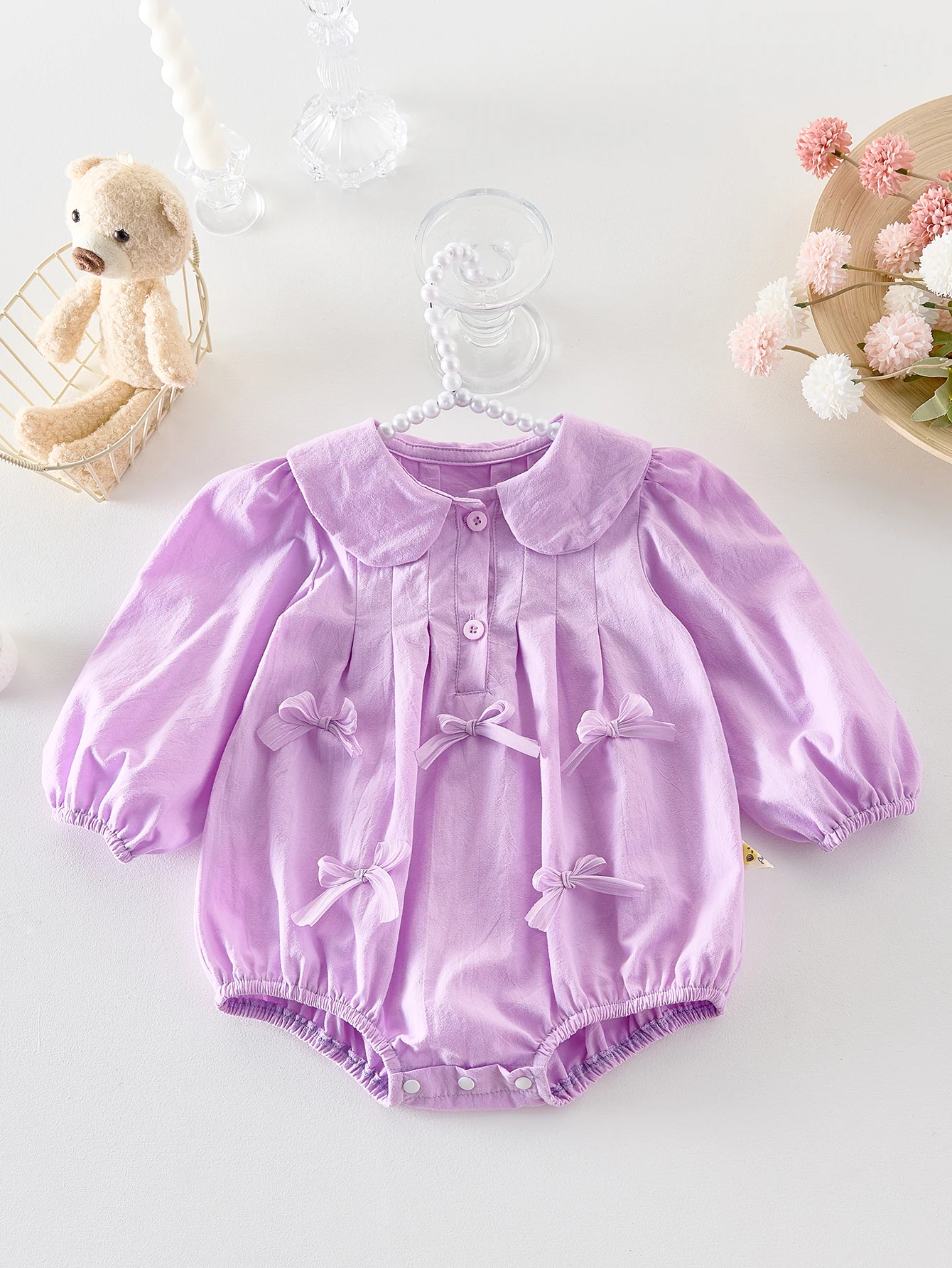 

Cute bow long-sleeved triangular one-piece dress for baby girls in spring and autumn, princess hayi crawling dress
