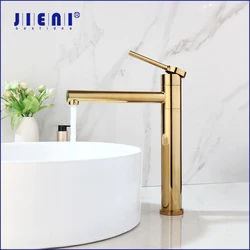 JIENI Bathroom Basin Faucet Vessel Sink Mixer Deck Mounted Long Spout Gold Plated & Chrome Polish Single Handle Water Mixer Taps