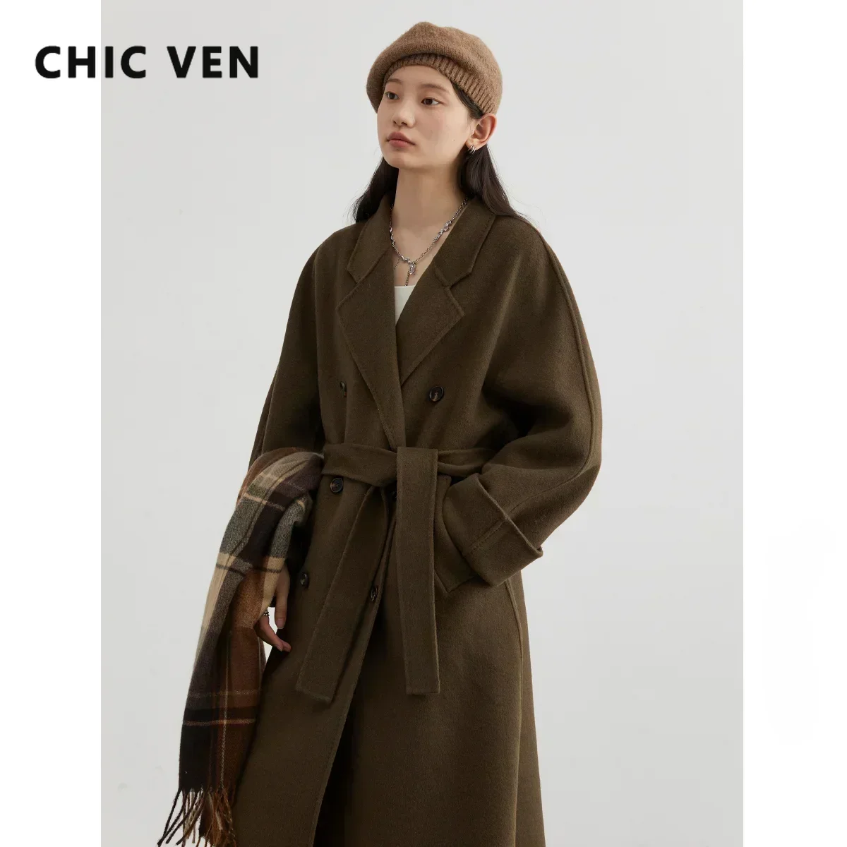 CHIC VEN Women Long Woolen Coats Retro Loose Female Overcoat Double Breasted Ladies Double Sided Topcoat Autumn Winter 2024