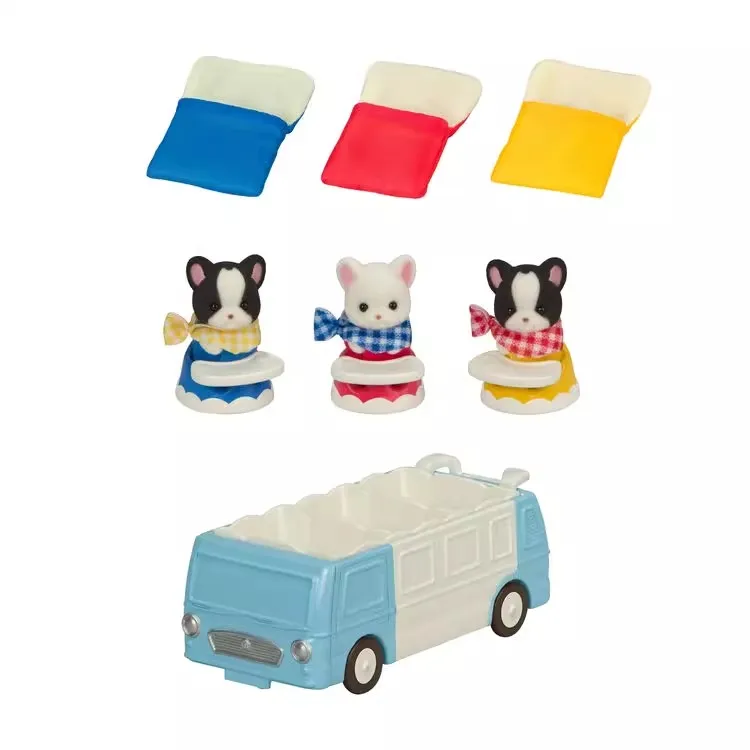 Sylvanian Families Anime Figures French Bulldog Triplets Cart Kawaii Baby Doll Dress Family Room Ornament Girl Christmas Gift