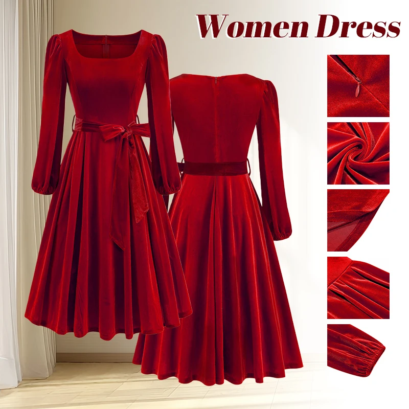 

Классическое ретро платье с квадратным вырезом, бархатное элегантное платье для ужина, длинное платье, осень-зима, платье для рождественской вечеринки с длинными рукавами, НОВИНКА