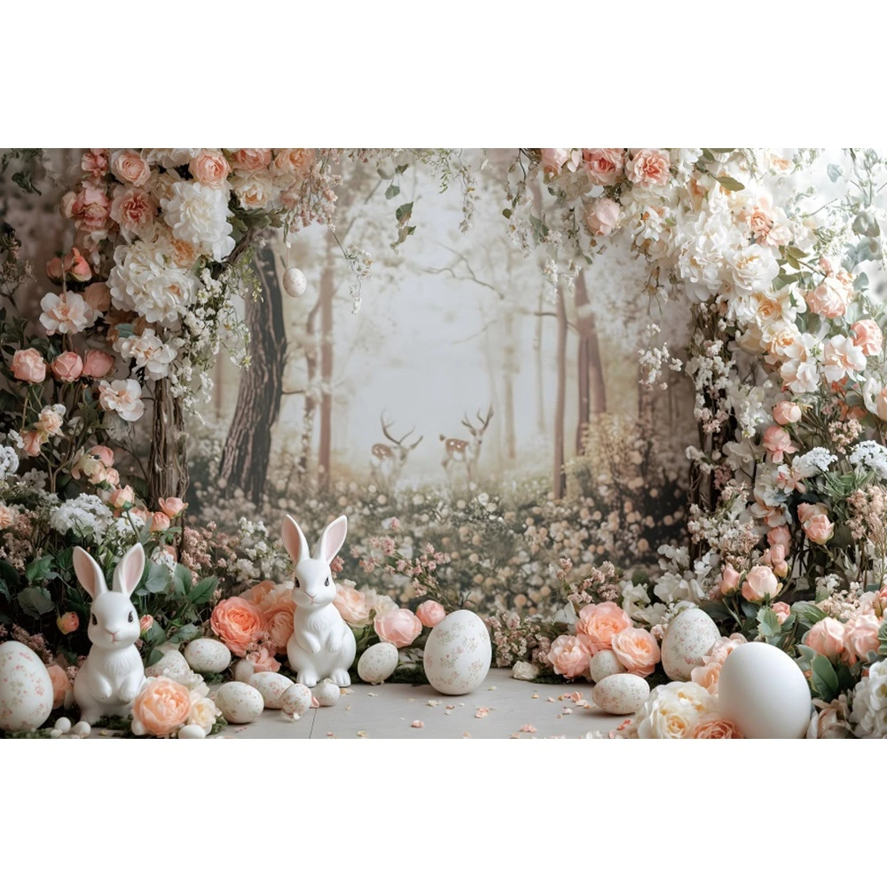 Spring Happy Easter Backdrop Arch Floral Rabbit Egg Bunny Flower Garden kids Birthday Easter Photography Background Photo Studio