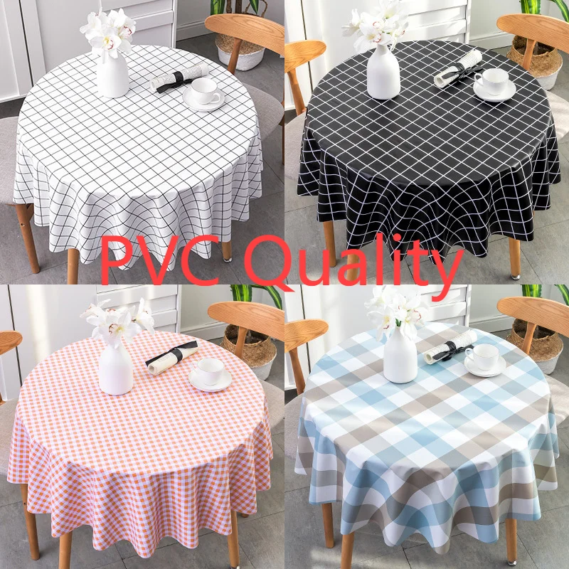 Round Grid Pvc Printed Tablecloth Waterproof Oil-proof Anti-Scalding Table Cloth Coffee Kitchen Dining Table Colth Cover Mat