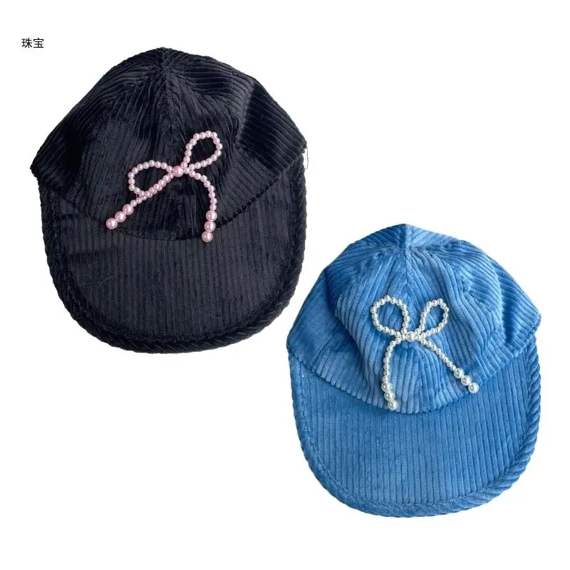 

X5QE Women Pearl Bowknot Baseball Teens Girl Corduroy Walking Shopping Hat