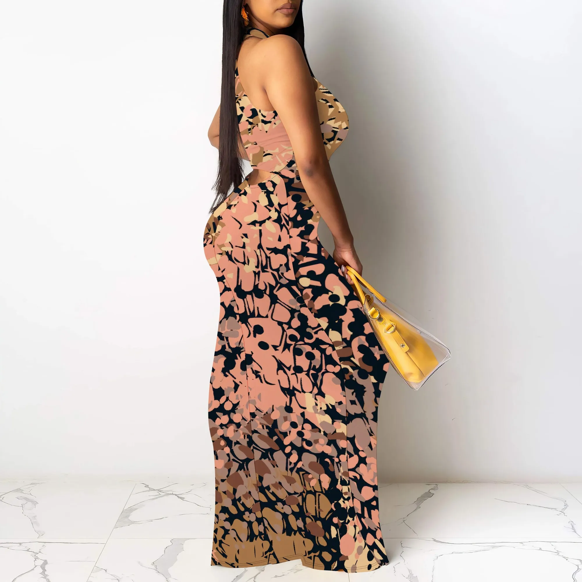 EQQZD ชุดเดรสคอตั้งสีดำสำหรับผู้หญิง ชุดเดรสคัตเอาท์ด้านหลัง โพลีเอสเตอร์ ชุดราตรีฤดูใบไม้ร่วงหรูหรา