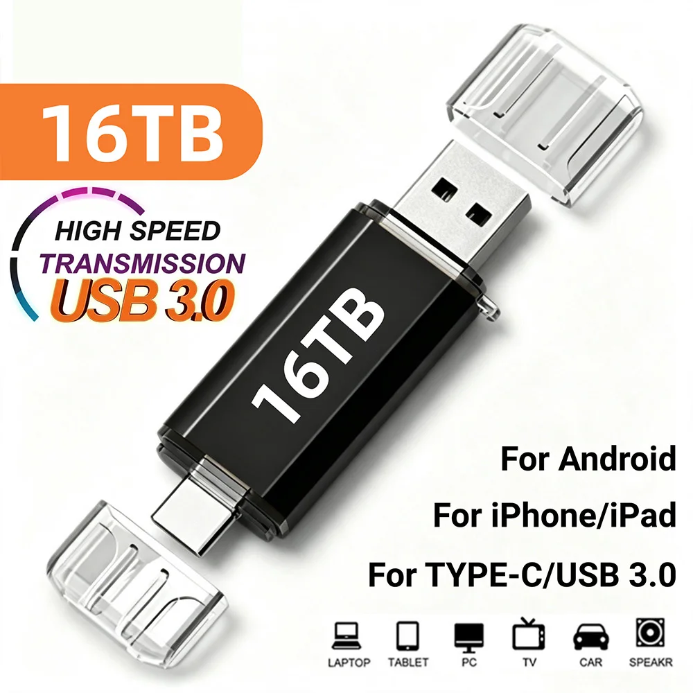 16TB 2 IN 1 OTG USB Flash Drive 3.0 Type C For iPhone 8TB 4TB 2TB Pendrive Samsung Huawei Xiaomi Android Laptop Memory Stick