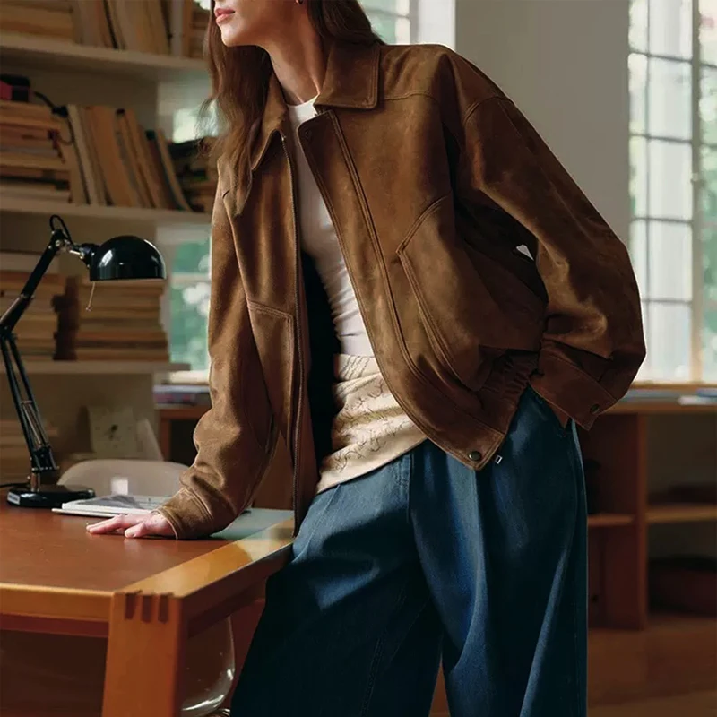 Casual Pelle di capra Kid Giacche in pelle scamosciata Cappotti in vera pelle da donna 2026 Primavera Retro Pelle scamosciata Risvolto Giacca in pelle Cappotto allentato