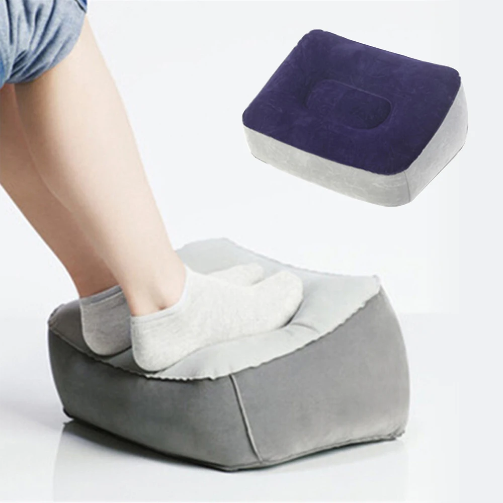 Factory Spot PVC Inflatable Travel Footrest Flocked Pillow Grey Blue Footstool for Office Home Relax Camping