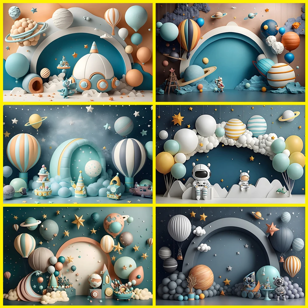 Niebieski statek kosmiczny chłopiec 1. urodziny tło 3D balon na ogrzane powietrze kreskówka astronauta ciasto zgniatanie tło fototapety do studia