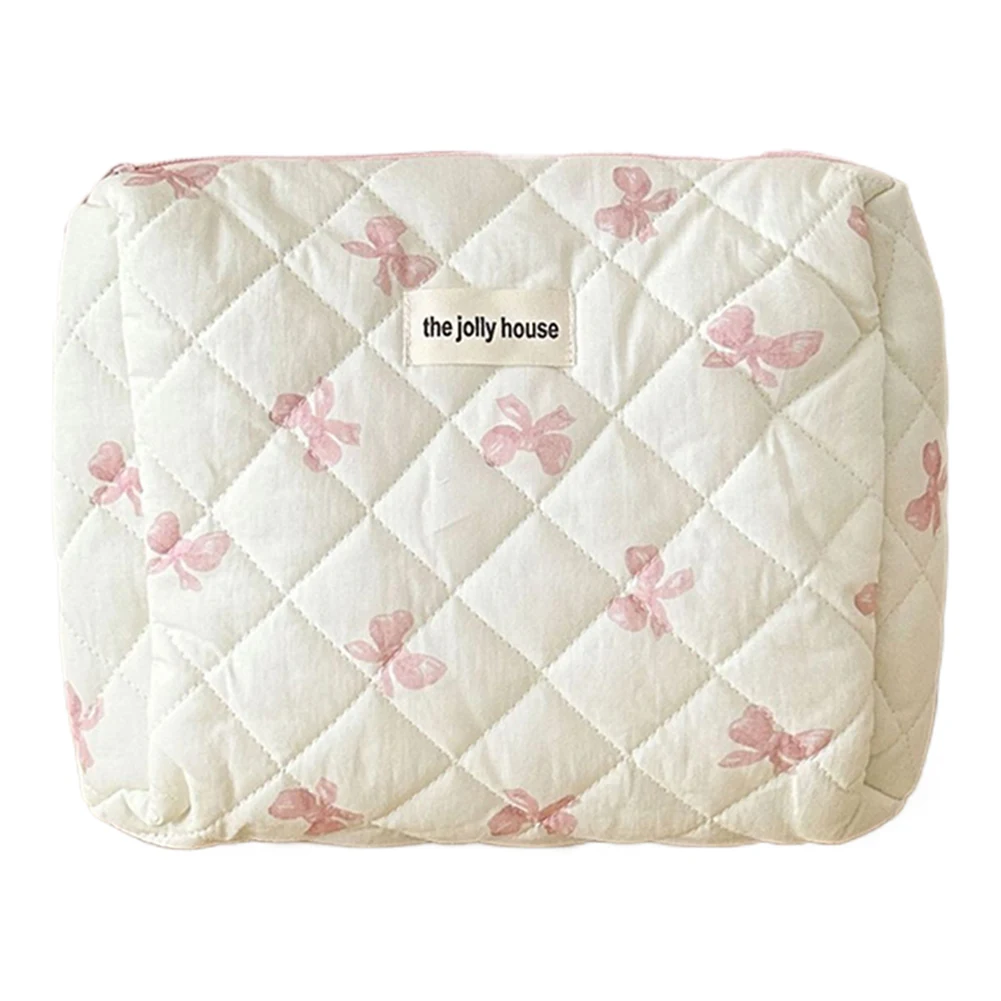 Cute Bow Travel Makeup Pouch with Zipper Toiletry Bag Cotton Quilted Makeup Organizer Storage Bag for Women and Girls