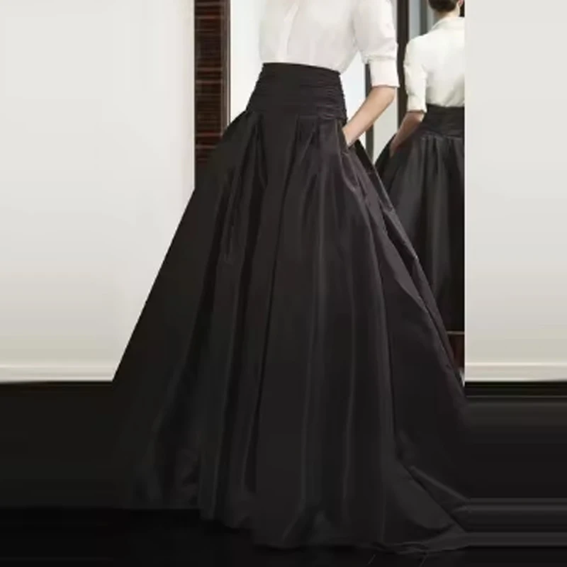 Black Fashion A-line Formal Long Skirts High Waist Zipper Ruffle Maxi Floor-Length Detachable Party Overskirts Removable Train