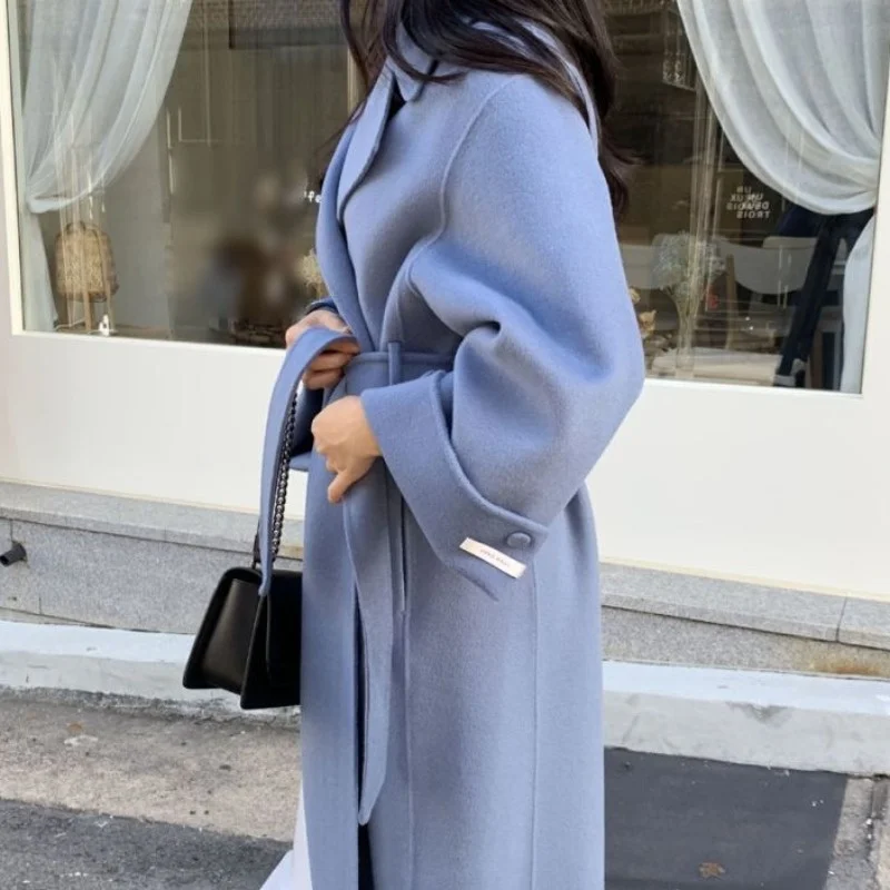 Autumn Winter High-end Woolen Women Temperament Lapel Belt Long Reversible Cashmere Coat Office Ladies Windbreaker Style