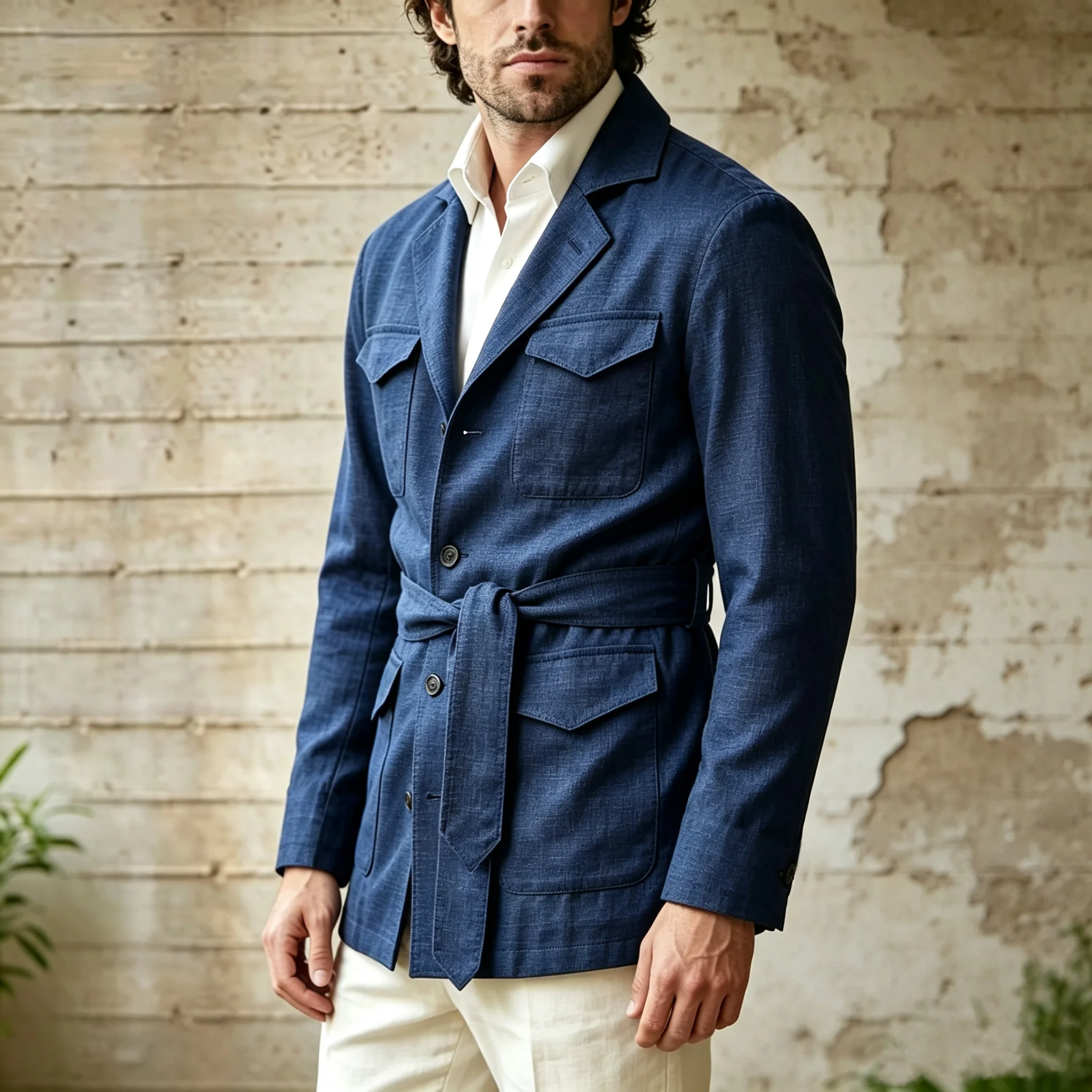  Linen Men's Suit Blazer Summer Thin Lightweight Belt Jacket Lapel Single-Breasted Retro Hunting Coat Casual Wedding Beach   ﻿
