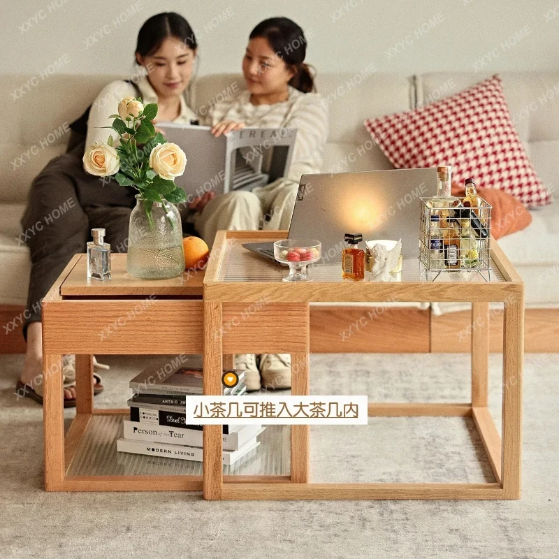 X-S  solid wood coffee table oak square  small side table living room log square coffee table combination HG