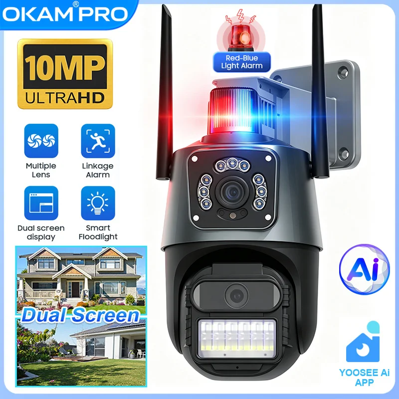 YOOEE AI Security Camera Dual Lens HD 10MP WiFi Camera 6 Free AI Detection Two-way Intercom Night Vision CCVT Mobile Tracking