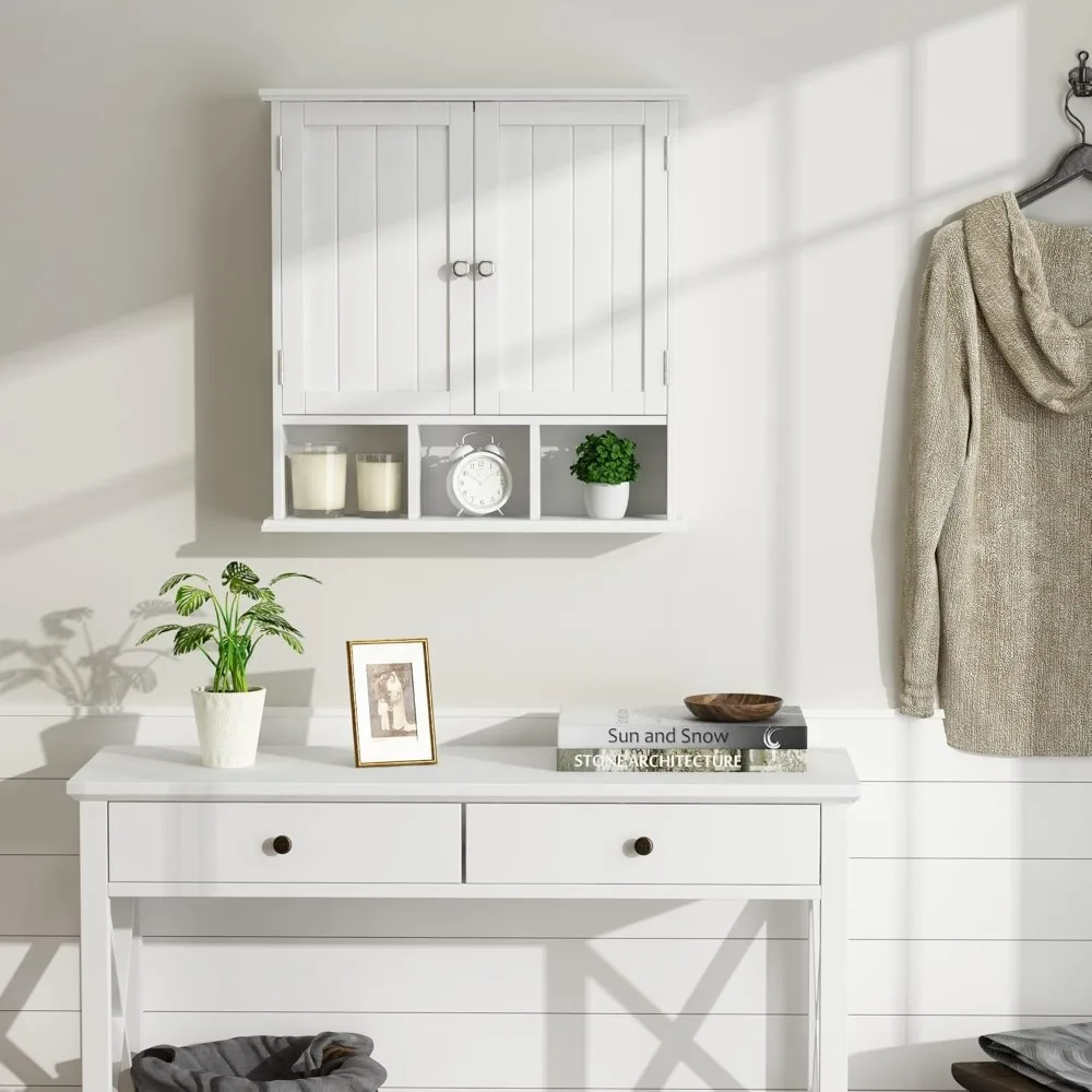 Wooden bathroom cabinet wall mounted with 2 doors and 3 open adjustable shelves, saving storage space above the toilet