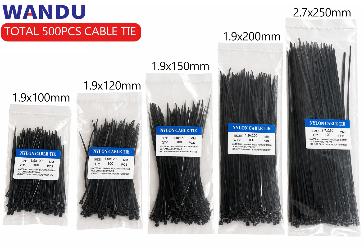500Pcs 5 Sizes Self-Locking Nylon Cable Tie Multi-Color 100mm-300mm Plastic Zip Tie Wire Wrap Fastener for Home Office Organize