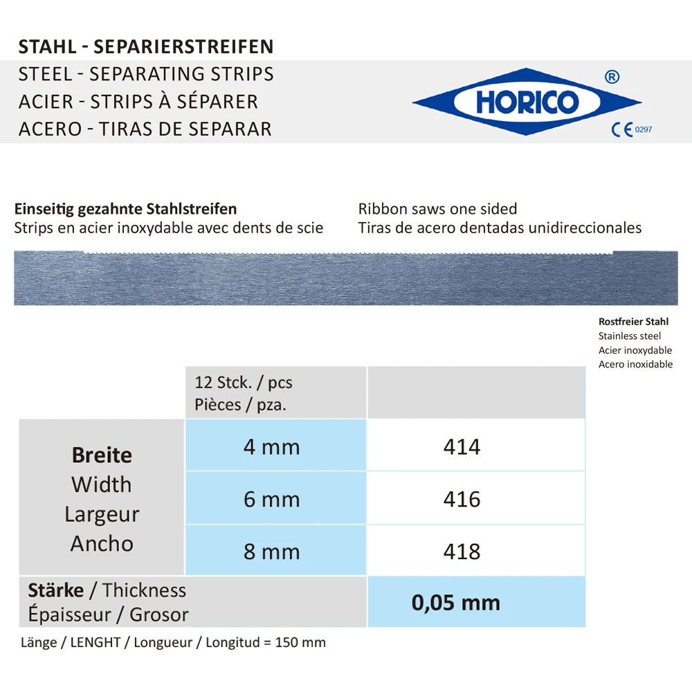 Paski dentystyczne Horico do polerowania zębów separacja międzyproksymalna taśma piła ścierna 414 4mm Stell dentysta narzędzia