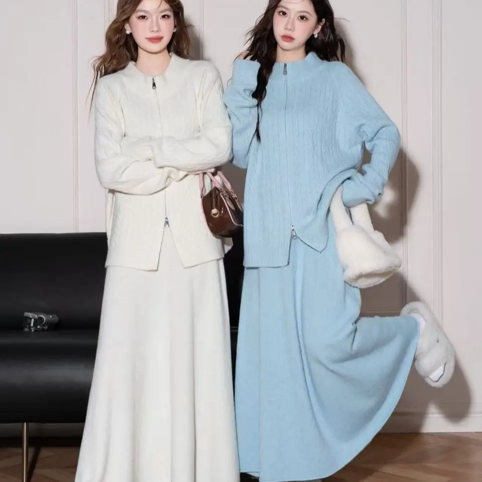 Spring and Autumn Korean Version Gentle Zipper Knitted Cardigan Half Skirt Two-piece Set Temperament Sweater Casual Loose Set