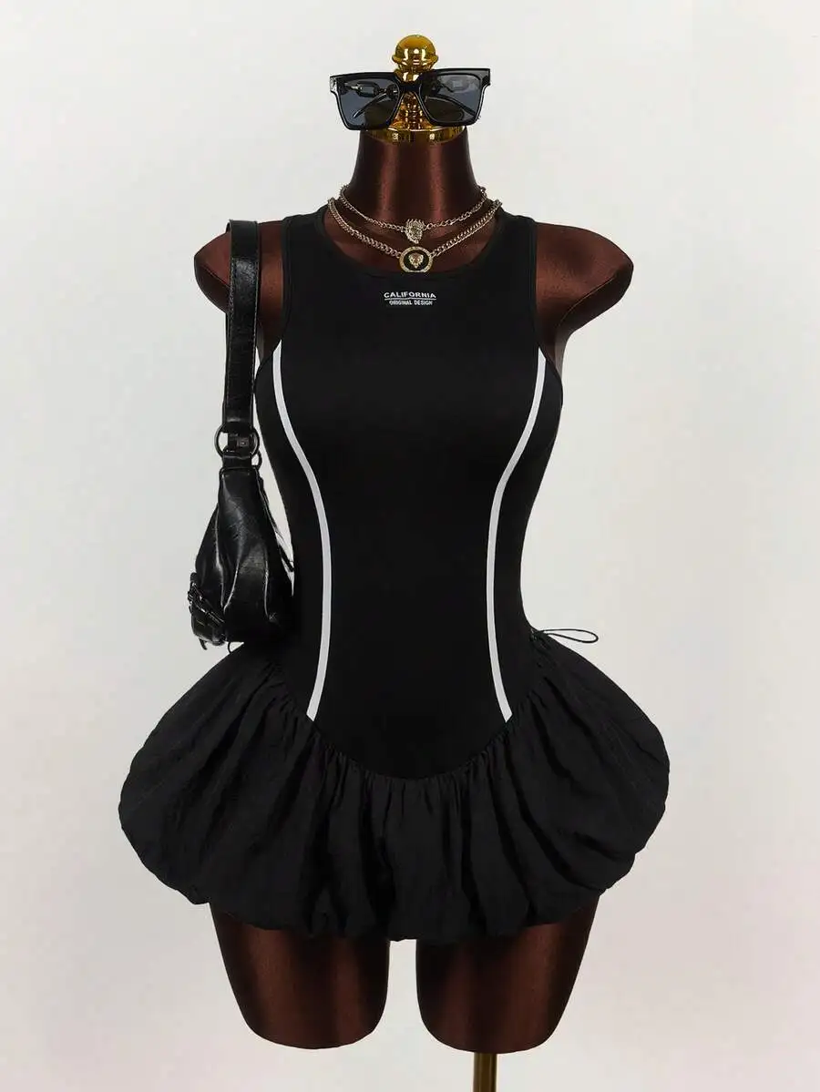 Black Ruched Mini Dress With White Stripe And Ribbon Tie Detail