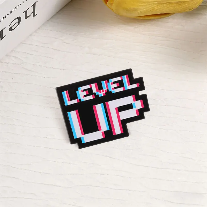 Level Up Retro Pixel Game Enamel Pin Vintage Arcade Game Text Brooches Fashion Backpack Lapel Hat Badge Jewelry Gift for Friends