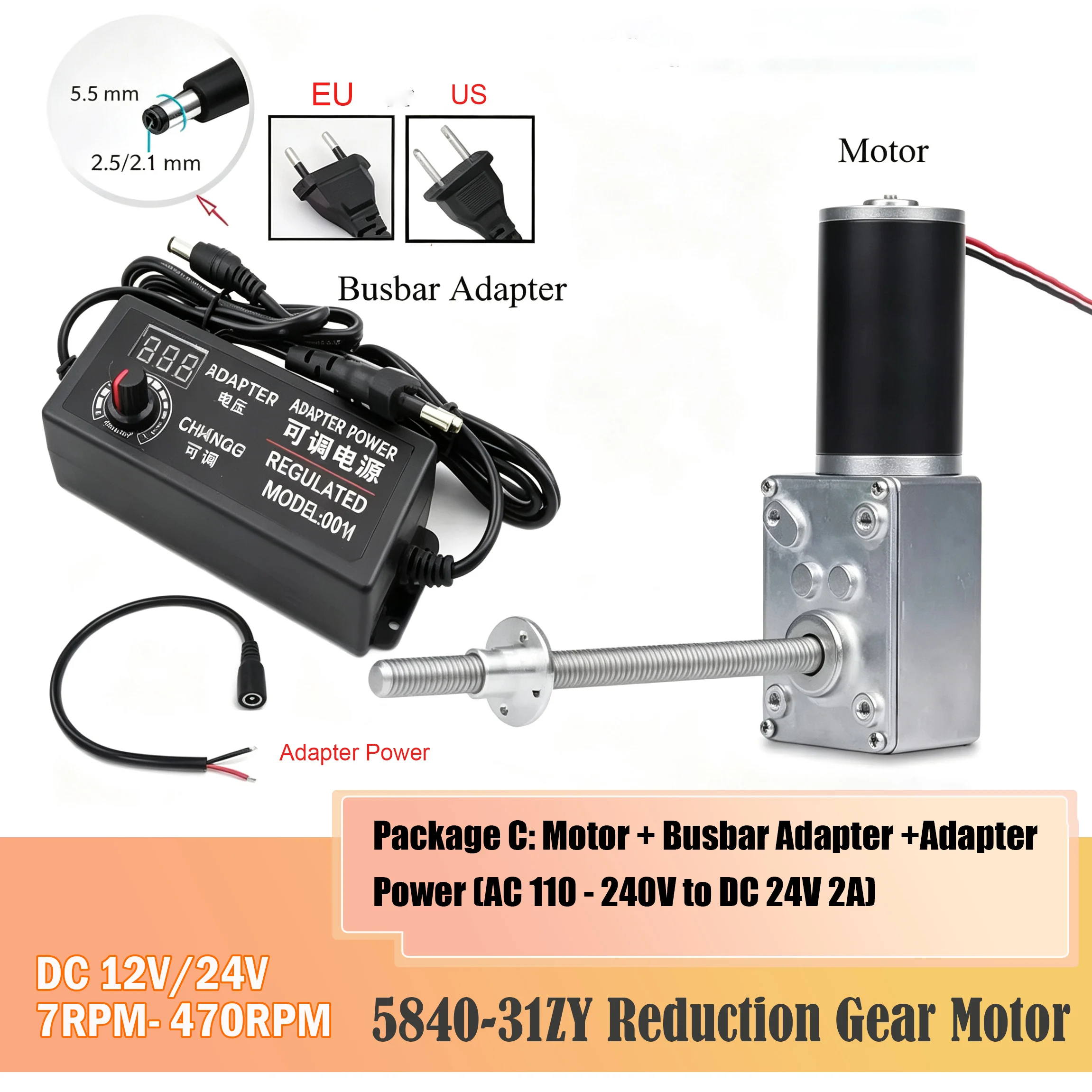 5840-31ZY Worm Gear Motor DC12V/24V 7RPM-470RPM Reduction Gear Motor 115mm Long Shaft