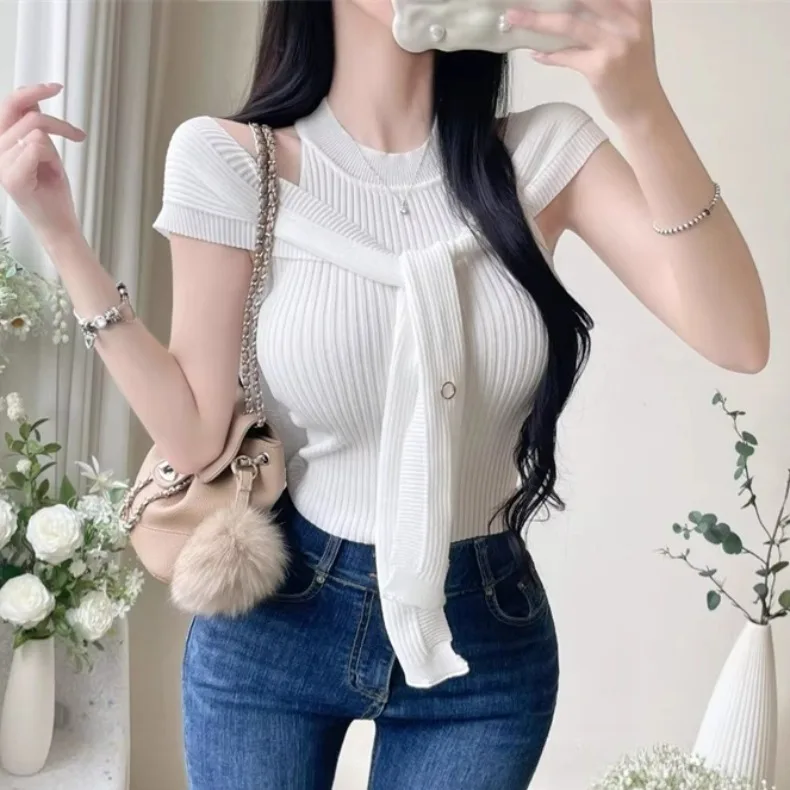 Dongda Gate Women's Summer New Fashionable Versatile Shoulder Design Sleeveless Knitted Top Casual Soft Bright Thread Acrylic...