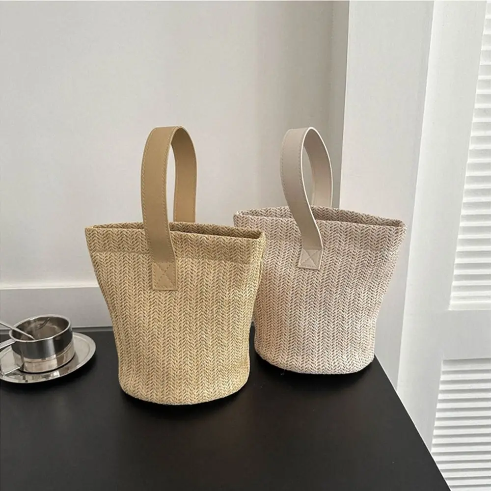 

Fashion PU Straw Bucket Bag Solid Color Korean Style Woven Handbag Zipper Tote Bag Small Phone Bag Girls