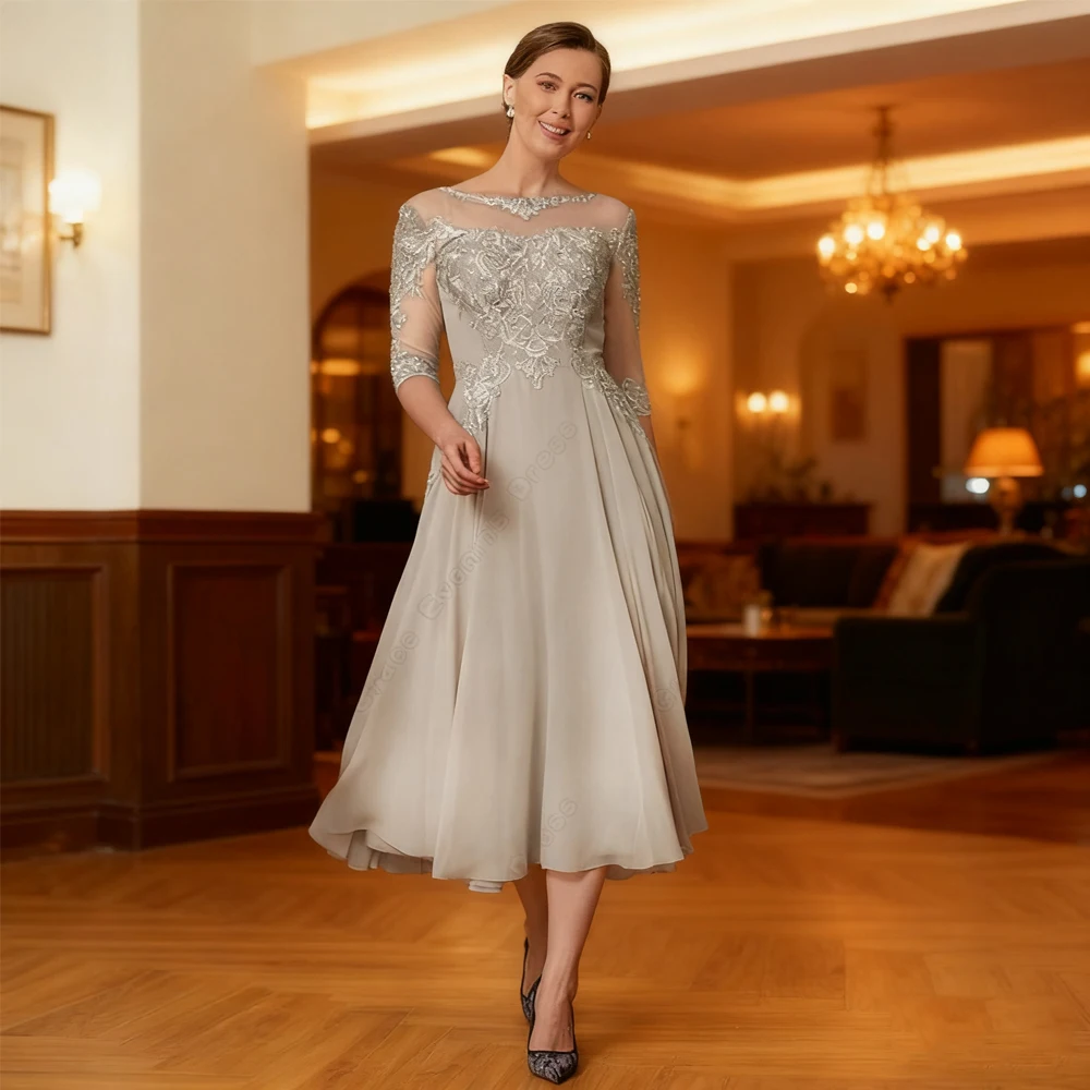 Nowoczesne sukienki dla mamy panny młodej w kolorze szampańskim, sukienki na przyjęcie weselne z rękawami trzy czwarte, z koronką, nowość 2025, suknia wieczorowa z szyfonu.