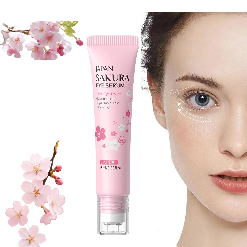 LAIKOU Sakura Eye Serum Roller Massage Hyaluronic Acid Skin Care Eye Bags Cream Moisturizing Reduce Dark Circles Puffiness15ml