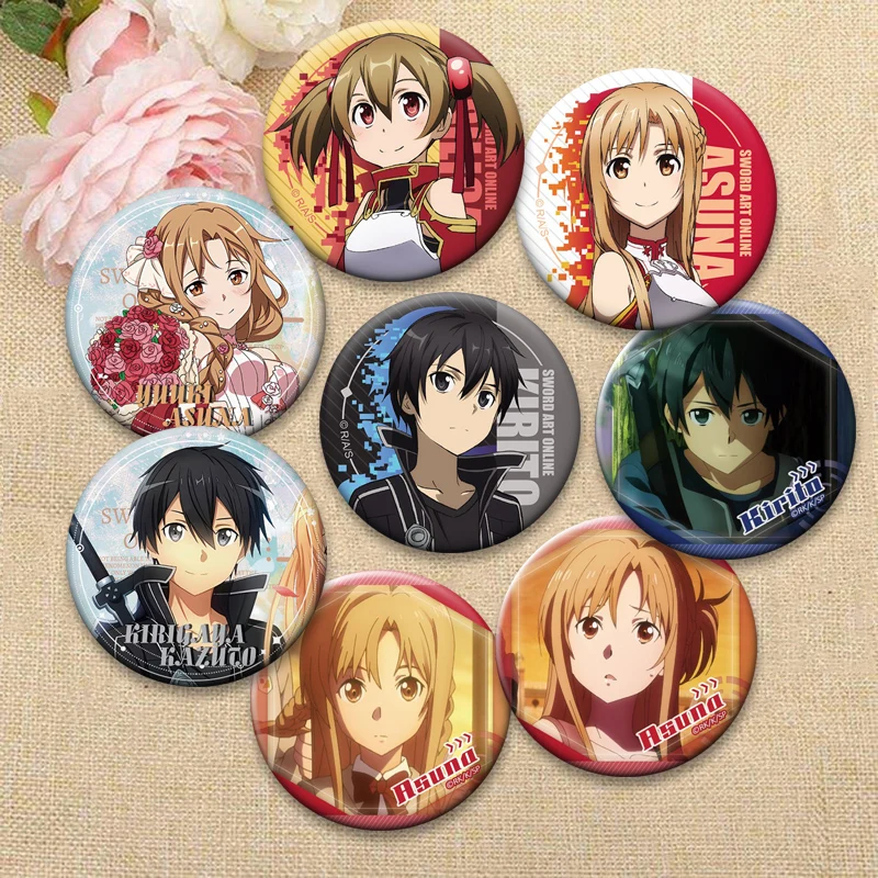 Broche de dibujos animados de Yuuki Asuna y Kirigaya Kazuto/Kirito, insignia de Anime Sword Art Online, accesorios para mochila, pin redondo para solapa, regalo de joyería