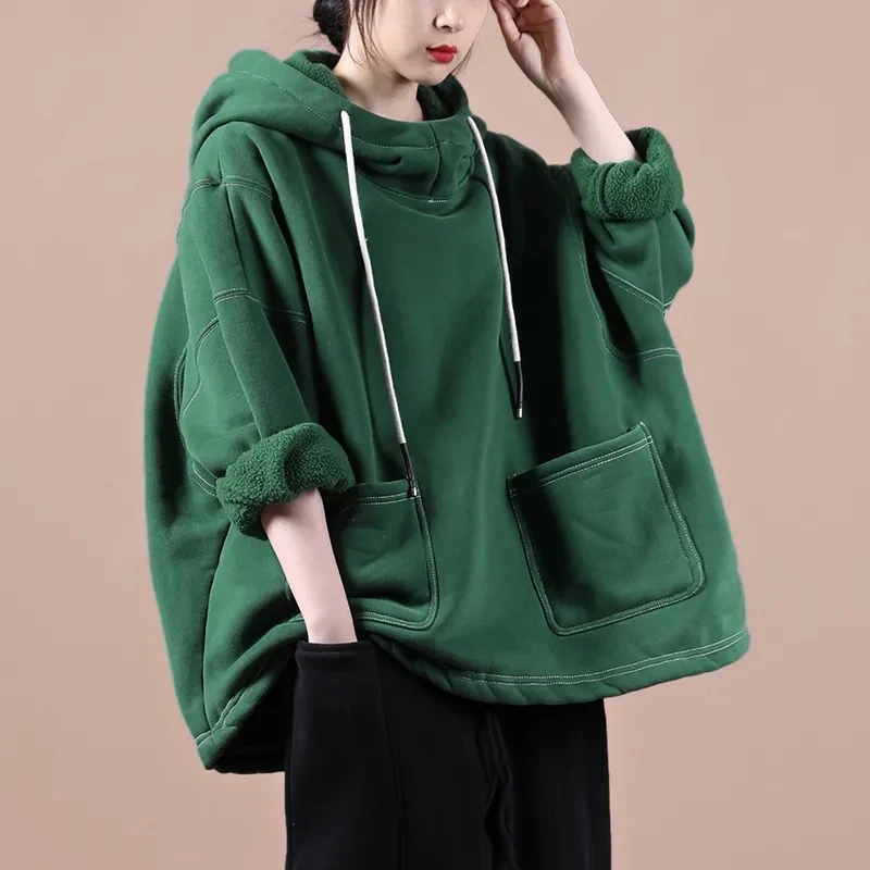 

Fashion Pockets Spliced Lace Up Hoodies Women's Clothing 2024 Autumn Winter Solid Loose All-match Tops Casual Sweatshirts female