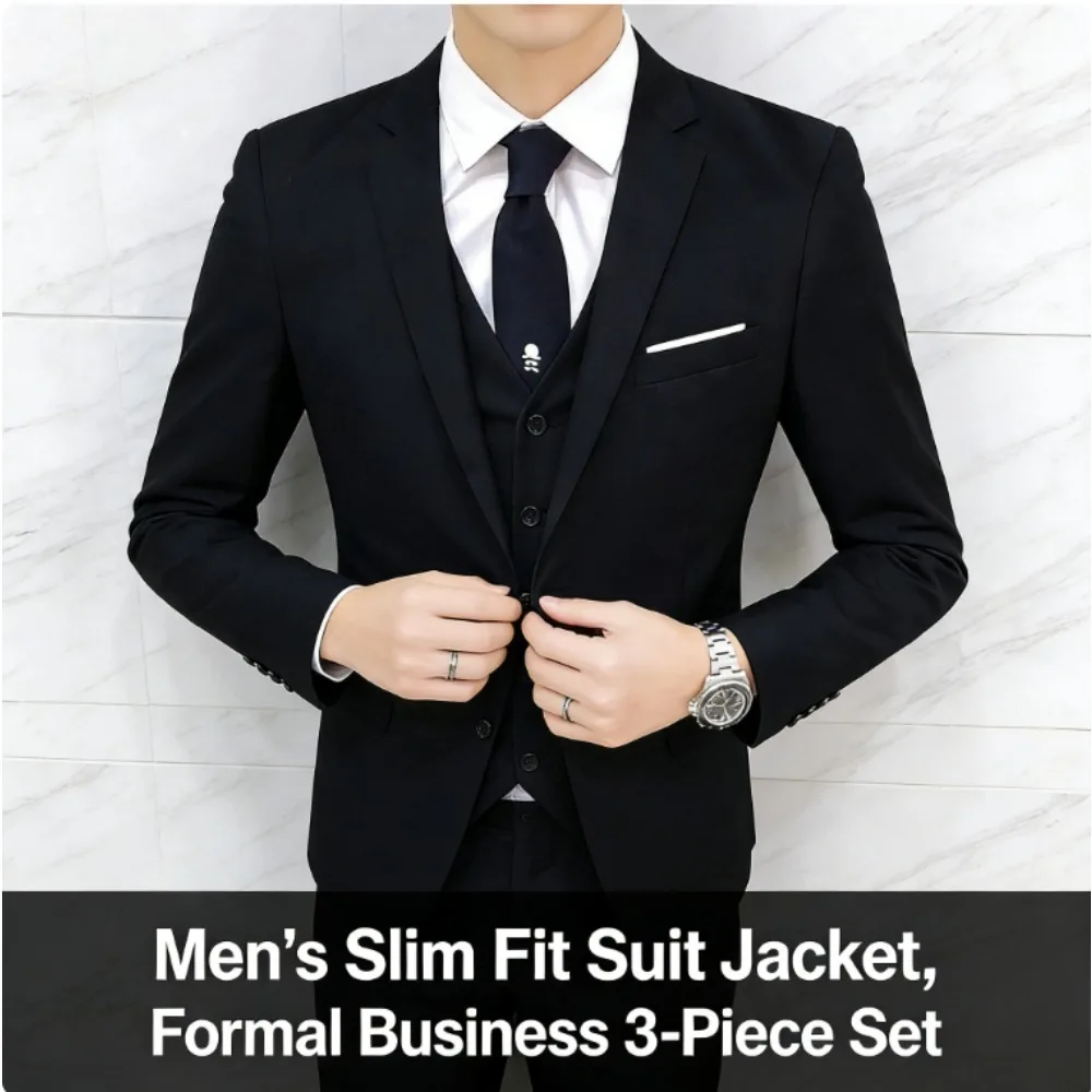 

Korean Style Slim Fit Men Suit 3 Piece Set Business Formal Suit for Wedding Interview Office Groom