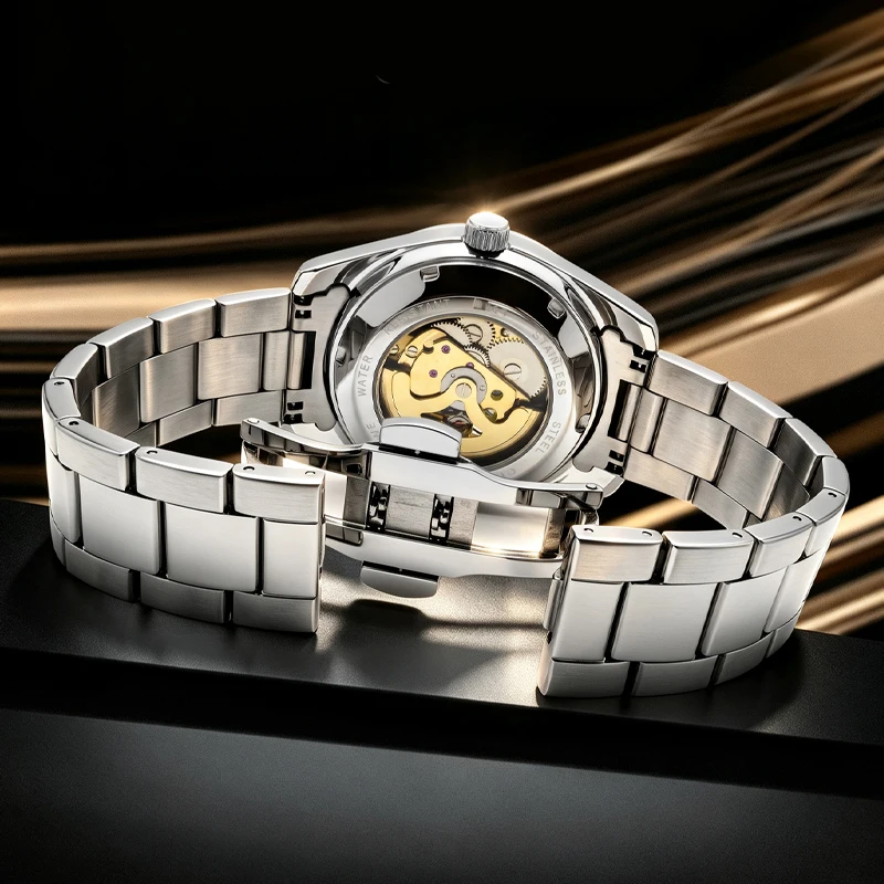 European and American Style Light Luxury Skeleton Mechanical Men's Watch, Minimalist Dial with Transparent Movement Design, Fully Automatic Steel Band Waterproof Wristwatch, Popular Gift for Daily Wear, Formal and Casu