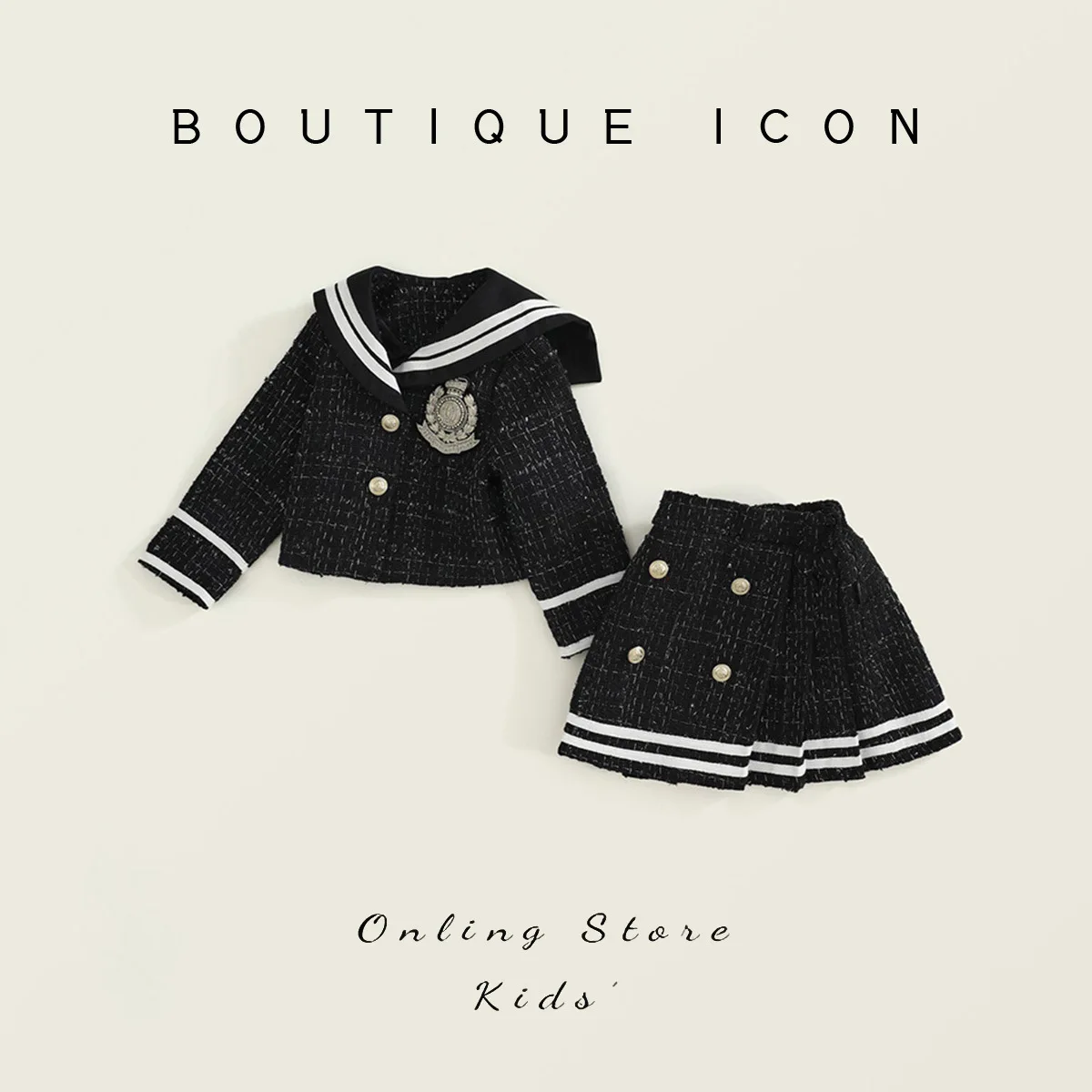 Preppy Style Tweed Coat & Pleated Skirt 2 Piece Set for Toddler Girls Outfits with JK Sailor Collar Spring Autumn School Uniform