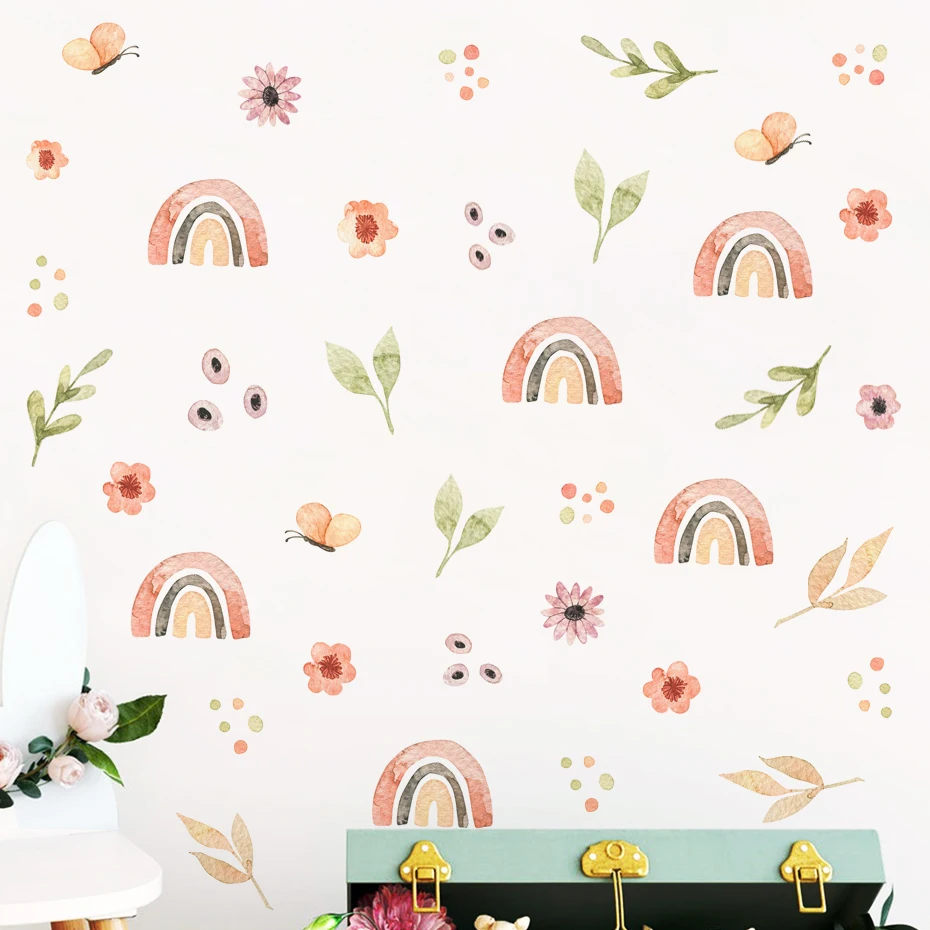 Cartoon Watercolor Seamless Pattern Floral Leaf Wall Stickers for Kids Room Boy Bedroom Home Decorative Watercolor PVC Decor
